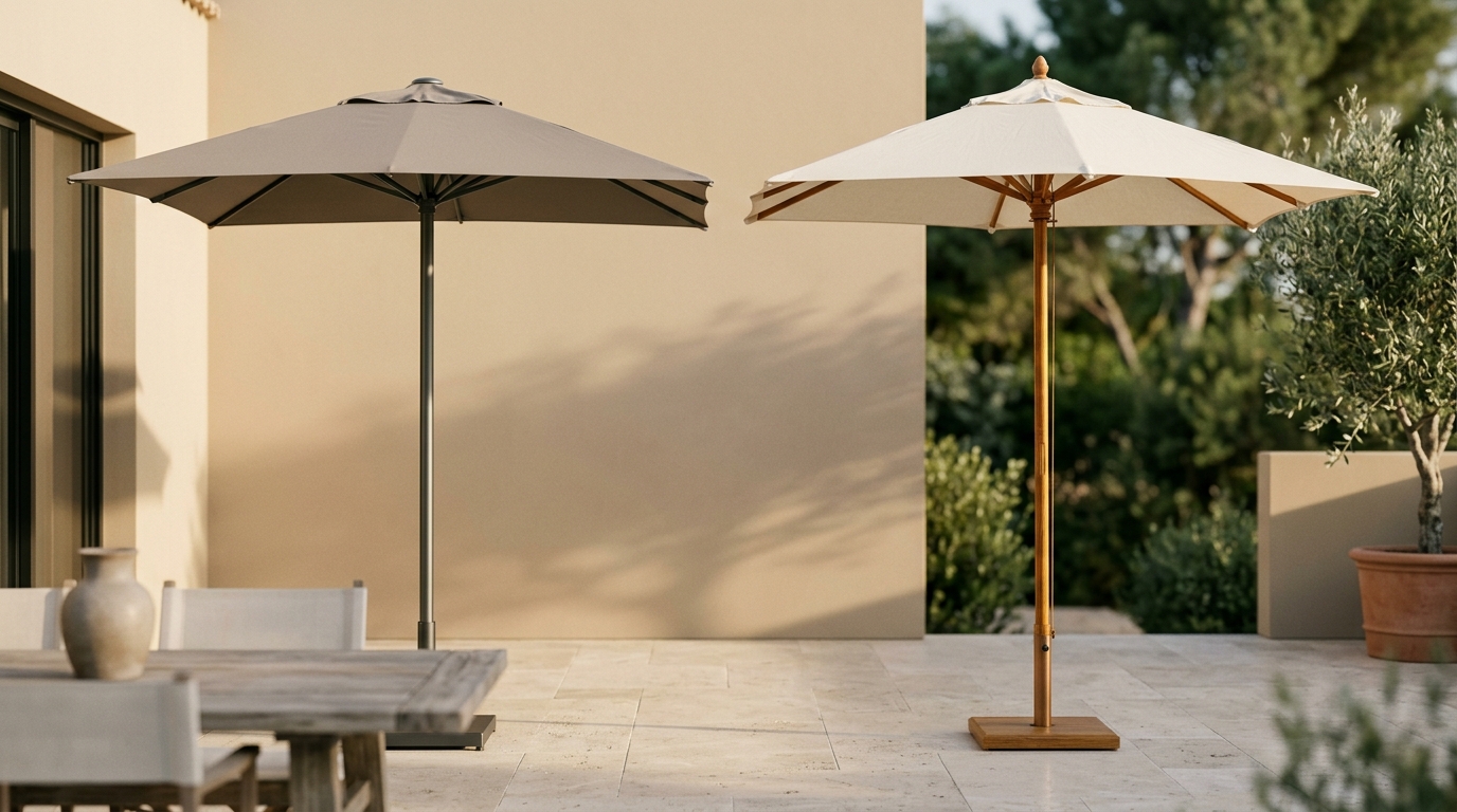 Aluminium- og træparasol side om side på en moderne terrasse
