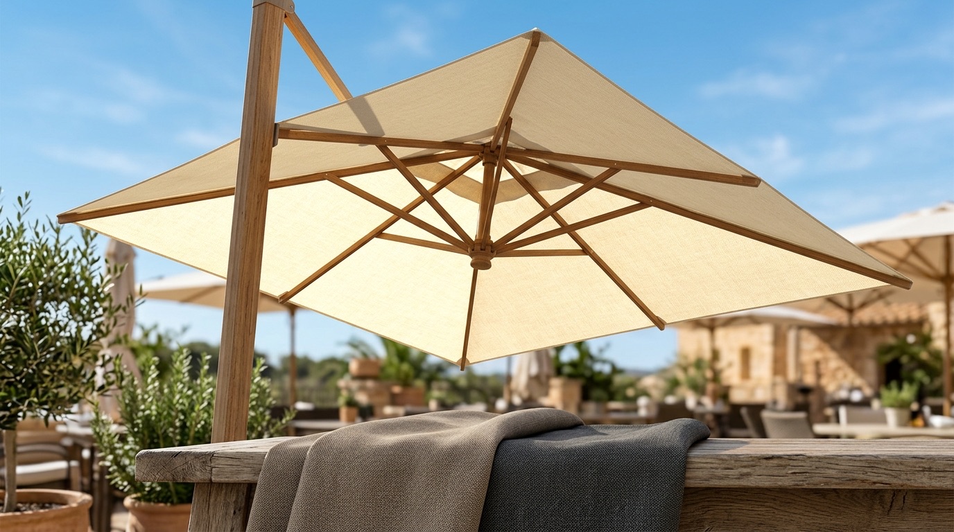 Kvadratisk parasol med ecru acryldug set nedefra i sollys, med dugprøver i taupe og grå på en træbordkant